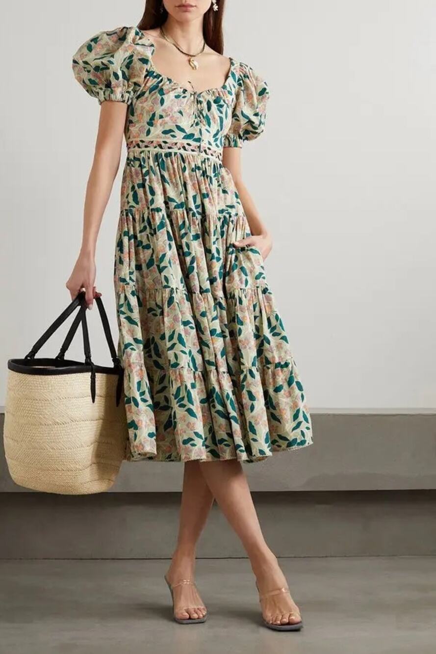 AGUA BENDITA Palmera Embroidered Tiered Midi Dress Size XS NWT